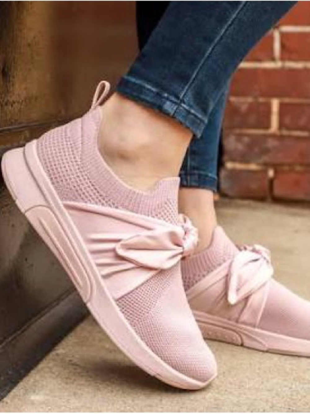 Mark Nason Women’s Blush Pink Knit Slip-On Sneakers with Bow